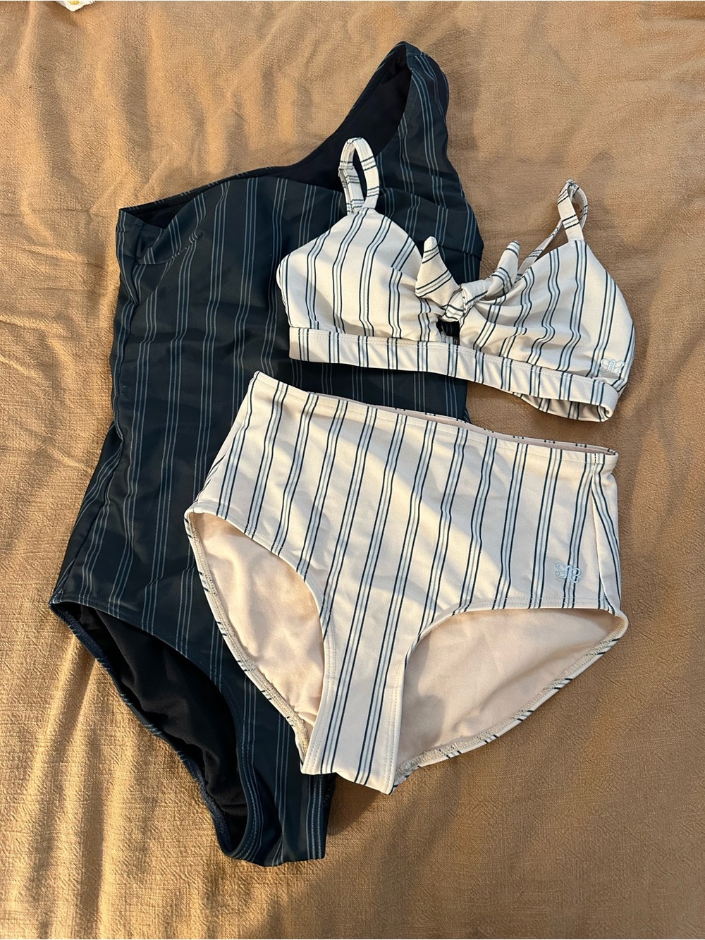 Albion Striped High-Waist Bikini Set and Albion One-Piece One Shoulder Swimsuit